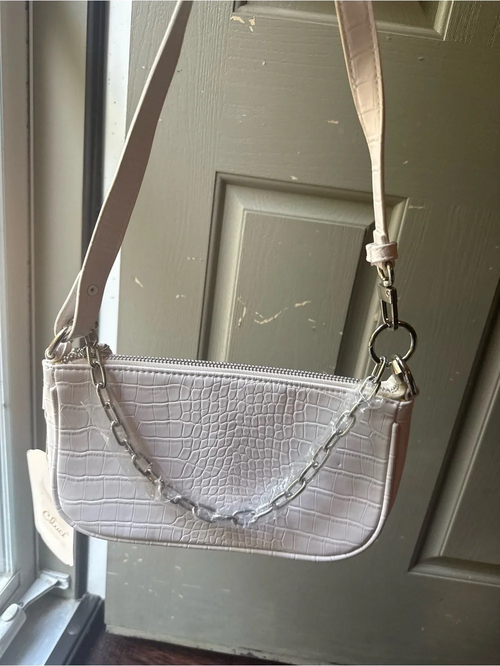 White Croc-Embossed Wristlet Bag